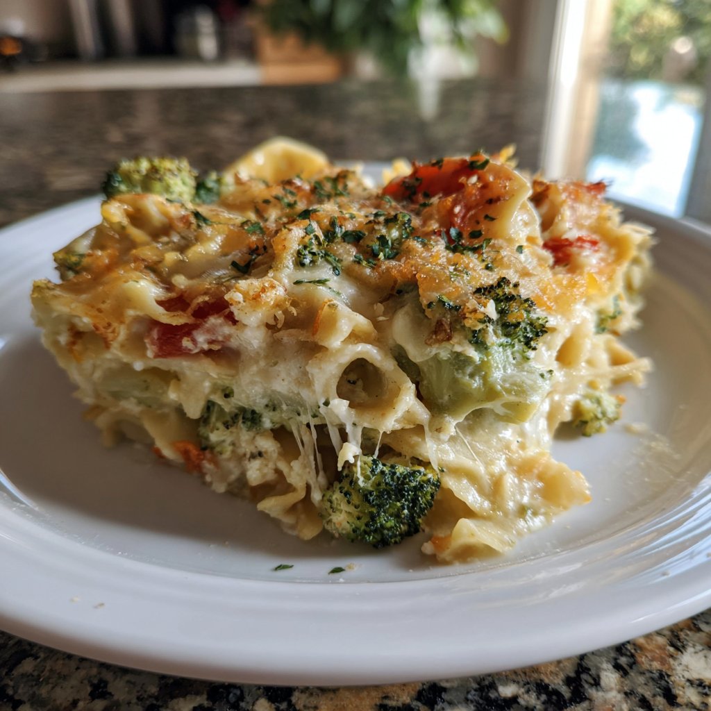 Vegetarischer Nudelauflauf mit Brokkoli